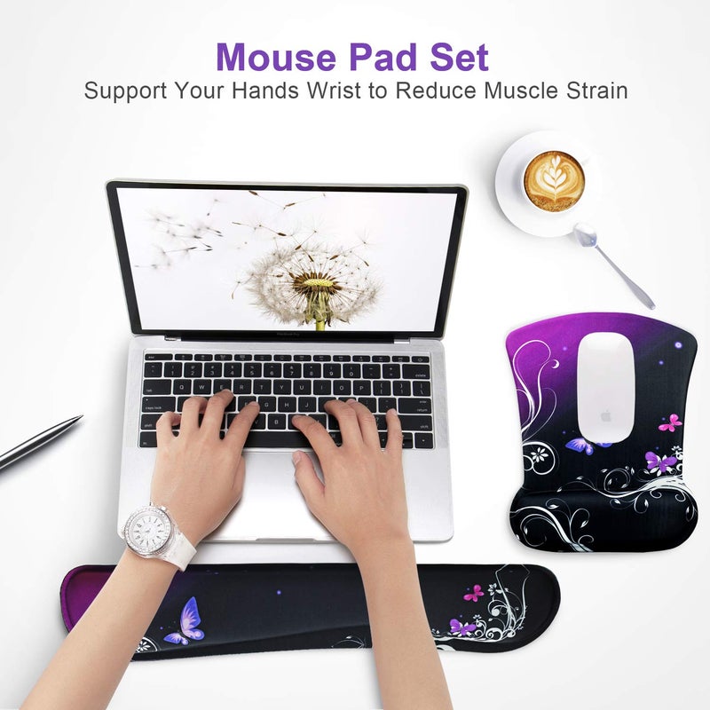 iVeze Mouse Pad with Wrist Support and Keyboard Wrist Rest Pad Set,Ergonomic Mouse Pads for Computers Laptop,Non-Slip Comfortable Mousepad w/Raised Memory Foam for Easy Typing Pain Relief (Purple Butterfly) - Image 2